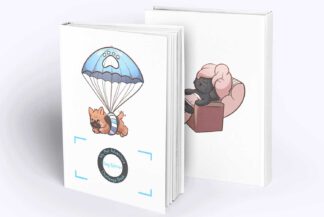 Hunde Challenge Buch. Auf der Vorderseite ist ein Cartoon Hund der Fallschirm springt. Auf der Rückseite ist ein Hund der relaxed in einem Sessel sitzt mit einem Handtuch auf dem Kopf